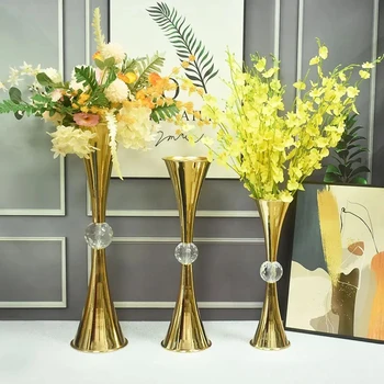 10бр)луксозна модерна голяма метална подова ваза Златна желязна работа ваза за цветя сватбена декорация на маса Изображение 0