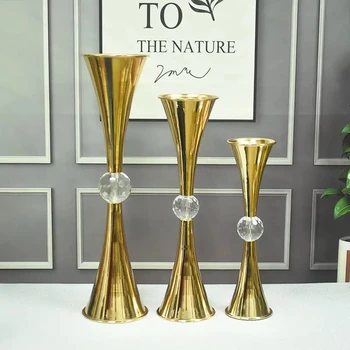 10бр)луксозна модерна голяма метална подова ваза Златна желязна работа ваза за цветя сватбена декорация на маса Изображение 2