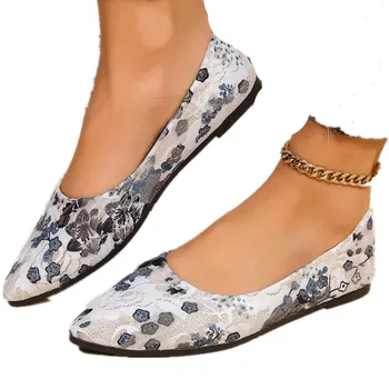 2024 Лятна мода Нови плоски обувки с мека подметка Ретро заострени обувки Плосък печат Елегантни ежедневни ежедневни дамски обувки Moccasine Zapatos Изображение 5