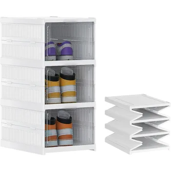 3 Tier Foldable Shoe Rack Organizer, Без инсталация Бели кутии за съхранение на обувки Пластмасови рафтове за съхранение Сгъваеми Изображение 0