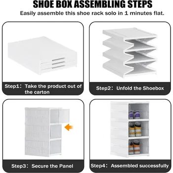 3 Tier Foldable Shoe Rack Organizer, Без инсталация Бели кутии за съхранение на обувки Пластмасови рафтове за съхранение Сгъваеми Изображение 1