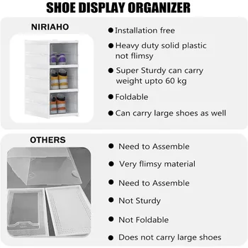 3 Tier Foldable Shoe Rack Organizer, Без инсталация Бели кутии за съхранение на обувки Пластмасови рафтове за съхранение Сгъваеми Изображение 3