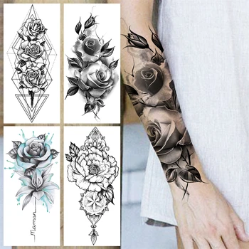 Black Rose Flower Arm Временни татуировки за жени Възрастен Геометрична мандала Фалшива татуировка Реалистична декорация на тялото Татос хартия