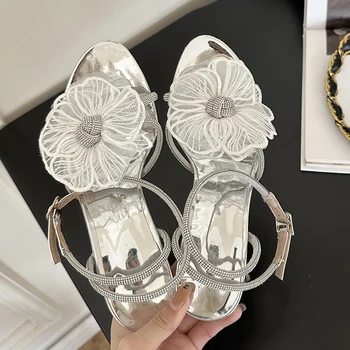 Bling дами високи токчета пролетни обувки катарама каишка сандали мода жени тънки токчета обувки цвете плитки женски помпи обувки Изображение 4