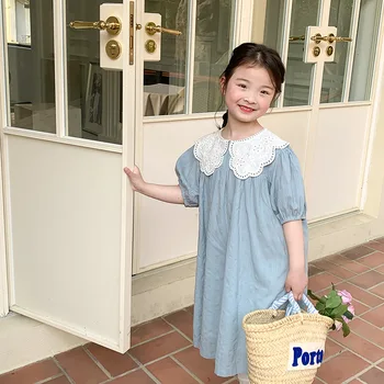 deer jonmi 2023 Лято корейски стил бебе момичета принцеса рокли бутер ръкав дантела бродерия яка деца сладък рокля Изображение 4