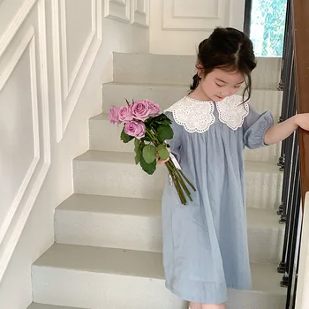 deer jonmi 2023 Лято корейски стил бебе момичета принцеса рокли бутер ръкав дантела бродерия яка деца сладък рокля Изображение 5