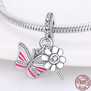 Fit Pandora 925 Оригинални гривни талисмани 100% 925 Сребърна розова пеперуда черешов цвят серия чар мъниста годни DIY бижута вземане Изображение 2