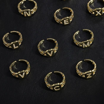 Juya Дропшипинг 18K недвижими позлатени бижута доставки Първоначално писмо пръстени за жени мъже регулируеми отворени часовник пръстени Изображение 3