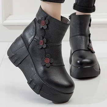 LISUNNY 2024 Ръчно изработени цветя естествена кожа жени ботуши кръгли пръсти дебели еднолични глезена ботуши клинове обувки ретро платформа обувка Изображение 3