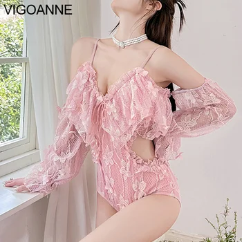 VigoAnne Pink Off Shoulder Бански Жени 2023 Секси Push UP кух бански костюм от едно парче Корейски затворен плажен бански костюм Изображение 0