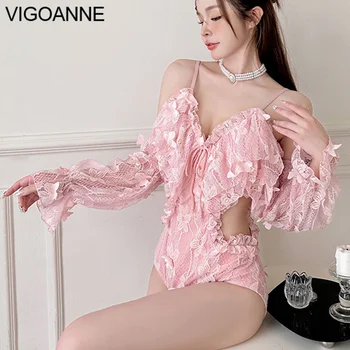 VigoAnne Pink Off Shoulder Бански Жени 2023 Секси Push UP кух бански костюм от едно парче Корейски затворен плажен бански костюм Изображение 1