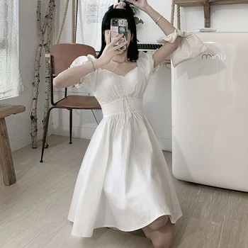 Zoki сладък бутер ръкав рокля жени корейски елегантен площад врата тънък дантела нагоре рокля лято реколта твърди случайни Preppy линия рокля Изображение 0