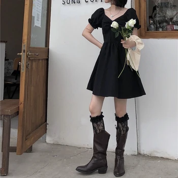 Zoki сладък бутер ръкав рокля жени корейски елегантен площад врата тънък дантела нагоре рокля лято реколта твърди случайни Preppy линия рокля Изображение 3