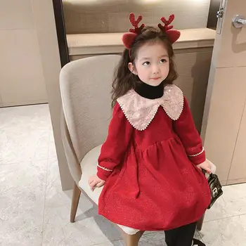 Дамска зимна рокля с руно модна есенна и зимна детска пола Нова бебешка принцеса рокля червена зимна пола