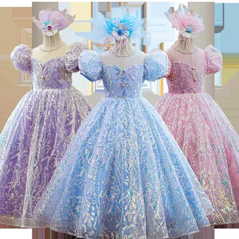 Детска розова синя рокля за рожден ден за момичета 4 10 до 12 годишни деца Елегантни вечерни рокли Дълъг лукс 2023 Официална бална рокля