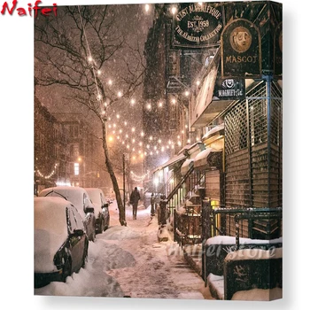 Диамантена живопис Пълен площад Ню Йорк Сити Зимна снежна сцена East Village 5D DIY диамантена бродерия мозайка картина на кристал