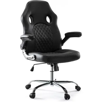 Ергономичен подлакътник и снаждащ PU кожен игрален стол с лумбална опора, 26.37D x 29.13W x 44.49H in, черен Изображение 5