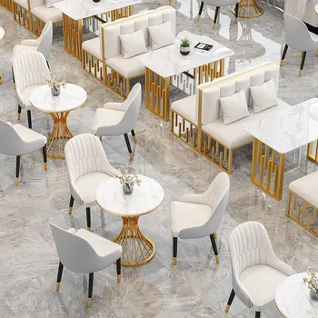 Лек луксозен модерен ресторант по поръчка Хотелски апартамент Вила кафене Комплекти мебели за трапезария мраморни маси Комплект столове за свободното време Изображение 1