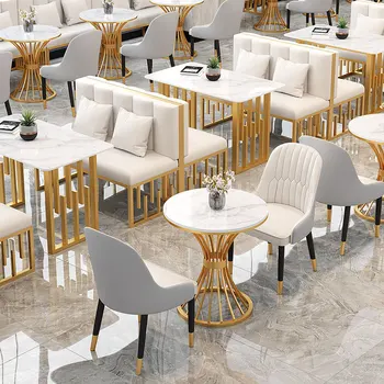 Лек луксозен модерен ресторант по поръчка Хотелски апартамент Вила кафене Комплекти мебели за трапезария мраморни маси Комплект столове за свободното време Изображение 2