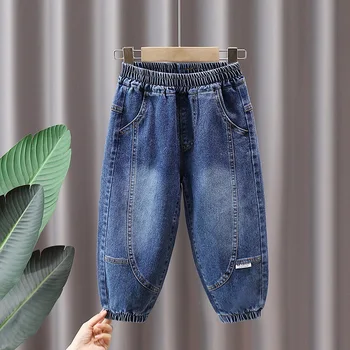 Малко дете момче дънки пролет есен ластик панталони измива деним панталони ежедневни панталони пачуърк детски модни дънки 2-10 години