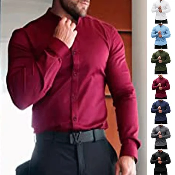 Нова есен и зима еластична сила не-желязо мъжки дълъг ръкав бизнес случайни риза плътен цвят мерсеризирана вертикална риза