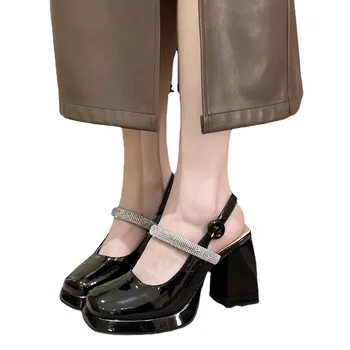 Обувки женски 2023 Висококачествена основна каишка за глезена Дамски високи токчета Кратка платформа Високи токчета Квадратни пръсти Квадратна пета Женска Изображение 5