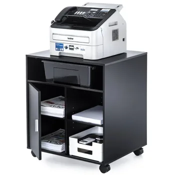 Стойка за принтер с регулируеми рафтове за съхранение, дървена мобилна количка с врата, подвижен шкаф за файлове на колела за домашен офис, черен